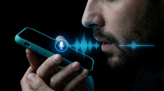 Man speaking into smartphone using voice assistant or voice recognition technology