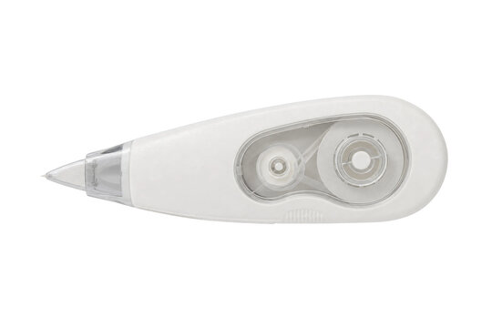 White plastic correction tape dispenser with a clear window showing the tape mechanism, isolated on a clean white background