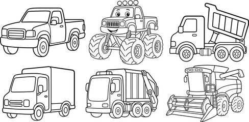 Set of black and white outline coloring book page featuring pickup truck, monster truck, dump truck, delivery van, garbage truck and harvester © Rakibrj4447