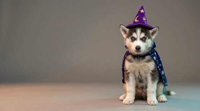 Adorable husky puppy wearing a purple wizard hat and starry cape sits looking forward