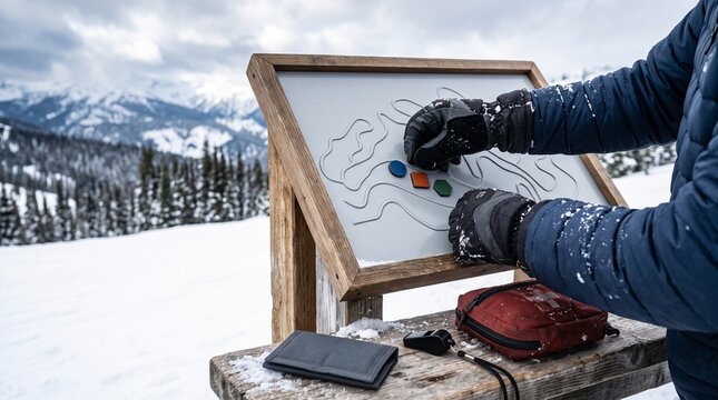 Gloved hands set a winter route safety plan