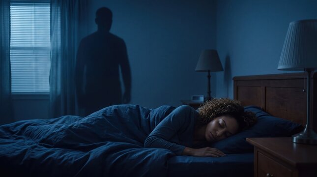 Sleeping woman with terrifying shadow man during sleep paralysis in dark bedroom