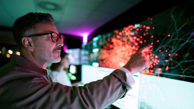 Analyst pointing at a glowing disaster map on a plasma blue monitor, focused on emergency planning for crisis management and data assessment