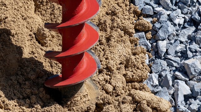 Red spiral auger drilling into granular tan soil and grey rubble at a construction site for geotechnical engineering and earthworks