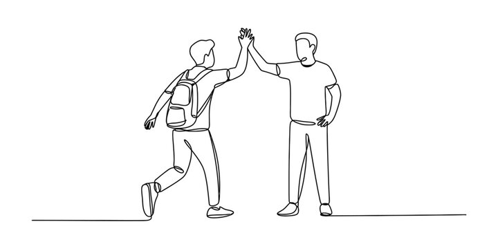 Two young men giving a high five to celebrate success in a simple continuous line art style drawing