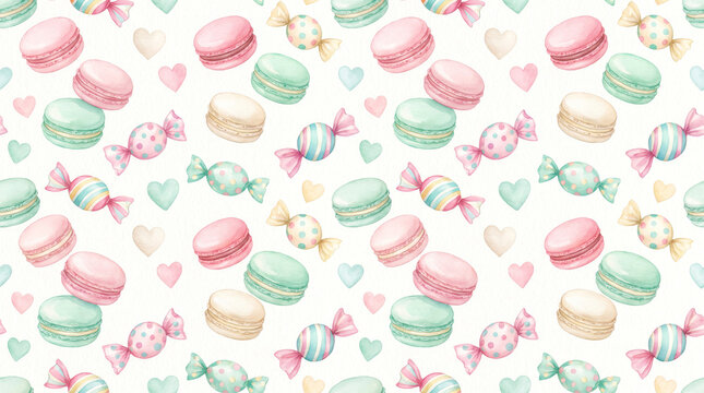 White Day 001 Watercolor Seamless Pattern of Colorful Macarons Sweets and Hearts on White Background（白背景に描かれたカラフルなマカロンとキャンディとハートの水彩シームレスパターン）