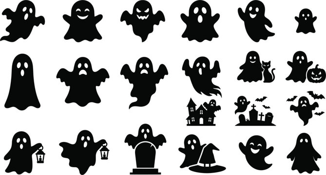 Halloween Ghost Silhouette Big Icon Set with Cat Pumpkin Haunted House Bat and Witch Hat Vector Collection