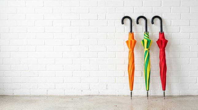 A vibrant collection of colorful umbrellas are neatly arranged hanging from hooks on a white tiled hallway wall