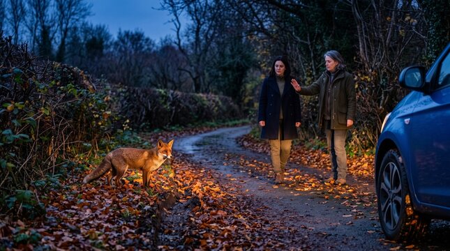 Fox hazard lesson on a leaf covered country lane