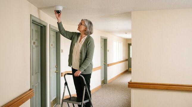 Care professional adjusts corridor safety camera