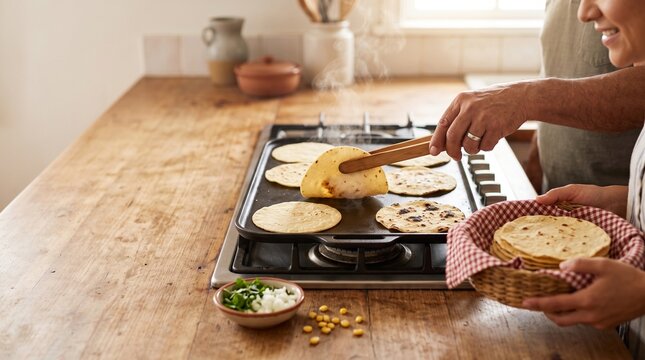 Fresh tortillas cook on a sunlit home kitchen griddle