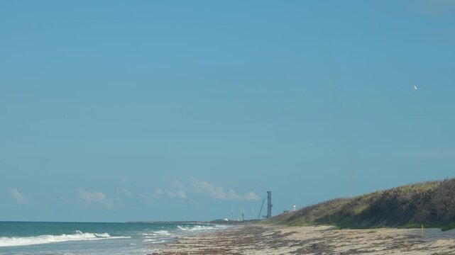 White seabirds fly above ocean waves along a sandy beach with dunes and blue sky. A distant launch tower and coastal spaceport create a peaceful wildlife and aerospace shoreline scene.