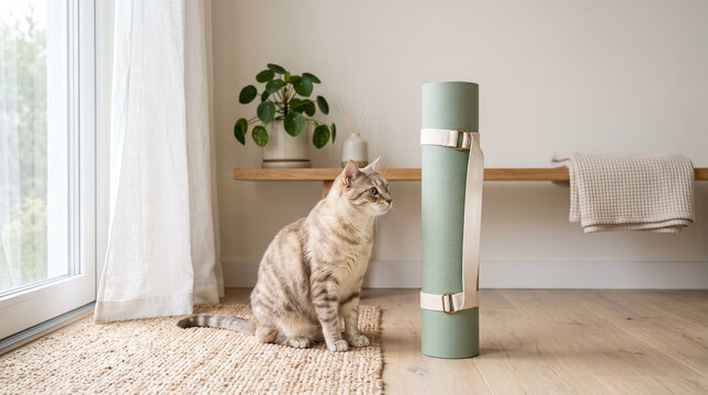 Cat sitting next to a green yoga mat in a bright indoor space  