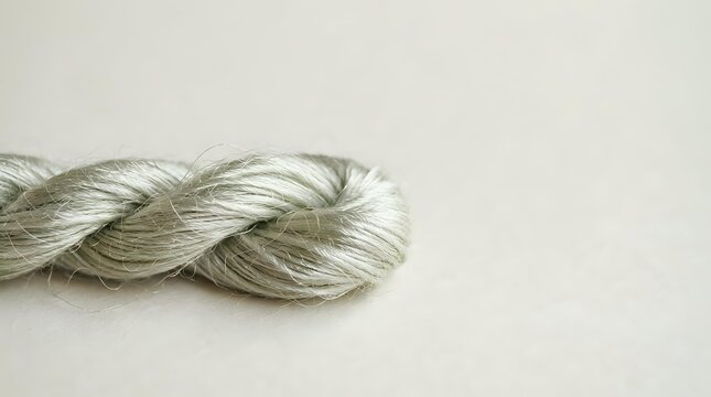 Twisted natural fiber rope or twine in neutral beige and sage tones coiled on white background