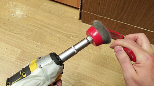 Handheld impact driver uses wire brush attachment in tool demo. Hands position red brush against metal piece while motorized tool turns, showing controlled contact on wooden floor.