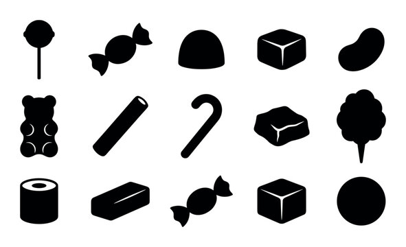 Candy and confectionery design icons with lollipop, chocolate truffle and gummy bear for presentation design in silhouette style