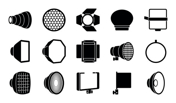 On-camera lighting modifiers vector icons with snoots, softboxes and colored gels for web design in silhouette style