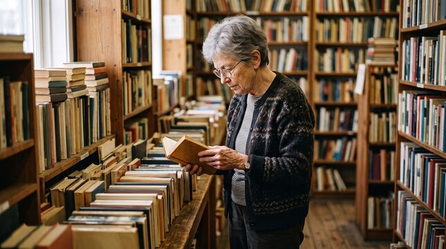 Elderly woman reading a book in a library surrounded by bookshelves