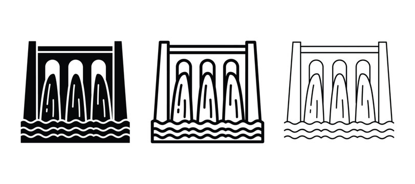 Set of dam icons, hydroelectric power plant symbols, water energy generation structures, flat vector illustrations