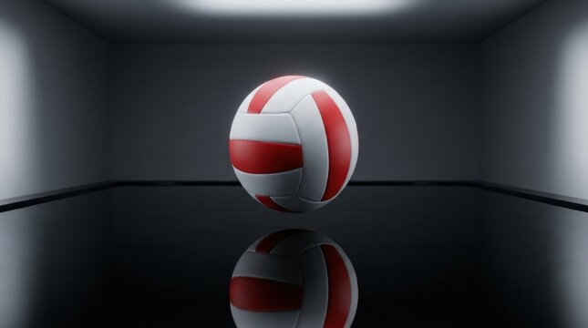 A red and white volleyball hovers over a reflective surface in a modern room sport