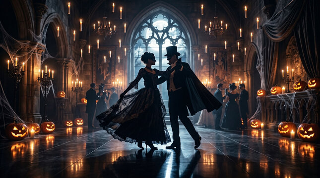 Silhouette of elegant couple dancing at a spooky halloween party