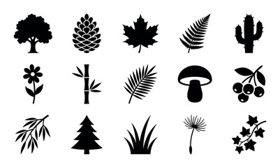 Obraz premium Botanical and nature conservation vector icons with oak tree, fern frond and cactus for infographic design in solid silhouette style