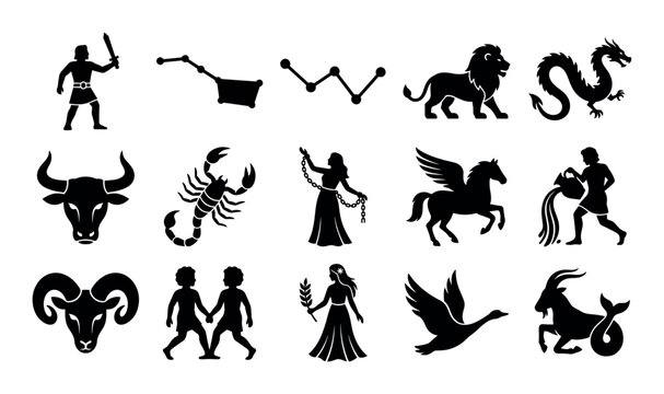 Star constellation-related elements vector icons with Orion, Big Dipper and Cassiopeia for graphic design in silhouette style