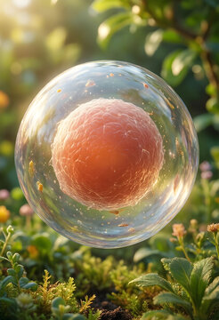 Biological cell and life science concept, microscopic organism floating in nature with sunlight and organic growth for medical research and biotechnology