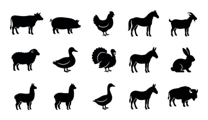 Fototapeta premium Farm domestic animals vector icons with cow, pig and chicken for infographic design in solid glyph style