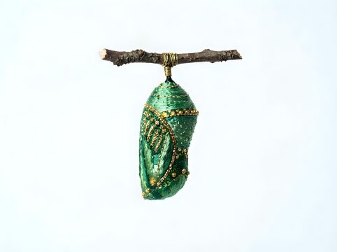 Monarch butterfly chrysalis hanging from branch, green cocoon with gold markings, insect metamorphosis stage, nature education and wildlife study