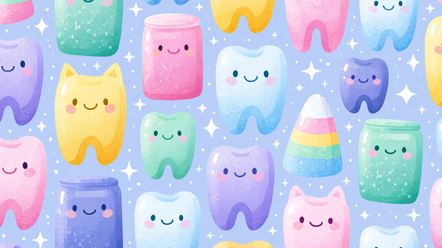 Colorful cartoon dental care patterns featuring smiling teeth and jars.