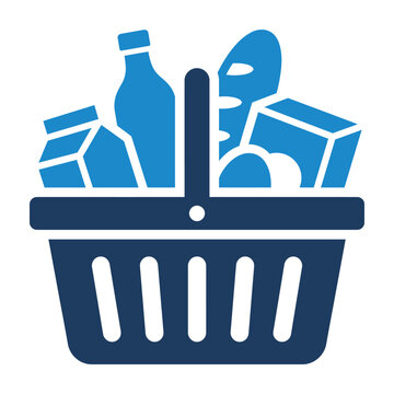 Shopping basket filled with grocery items icon food shopping consumer goods cart