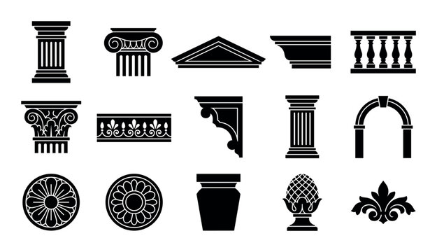 Architectural decor design icons with columns, cornices and archways for mobile app design in vector art style