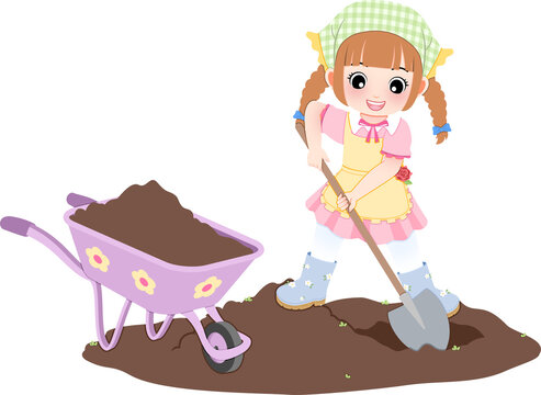 Cute little girl gardening with a shovel and wheelbarrow full of soil for planting flowers