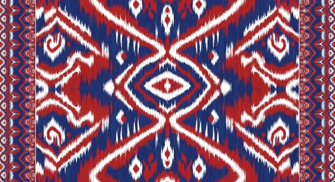 Seamless geometric ikat tribal pattern featuring bold symmetrical motifs in vibrant red, navy blue, and white for textile and cultural designs.