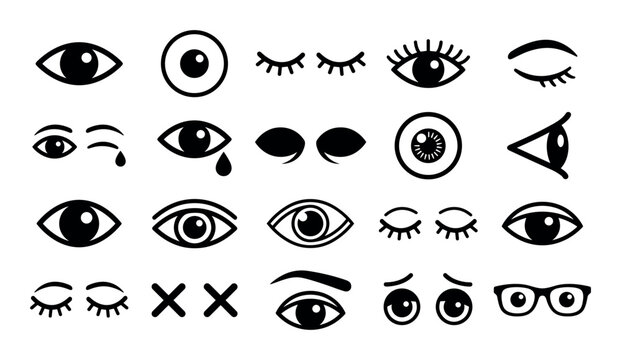 Human eye vector icons with almond-shaped eyes, winking eyes and closed eyes for web design in solid style.