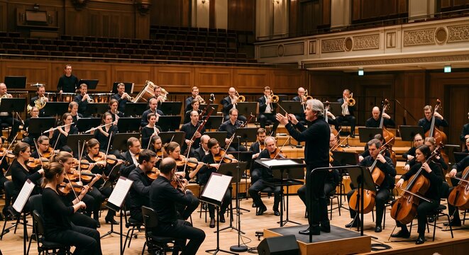 A captivating live performance by a professional symphony orchestra in an ornate concert hall, featuring a conductor leading numerous musicians with classical instruments