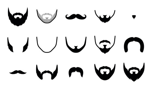 Facial hair vector icons with full beard, handlebar moustache and soul patch for mobile app design in solid glyph style