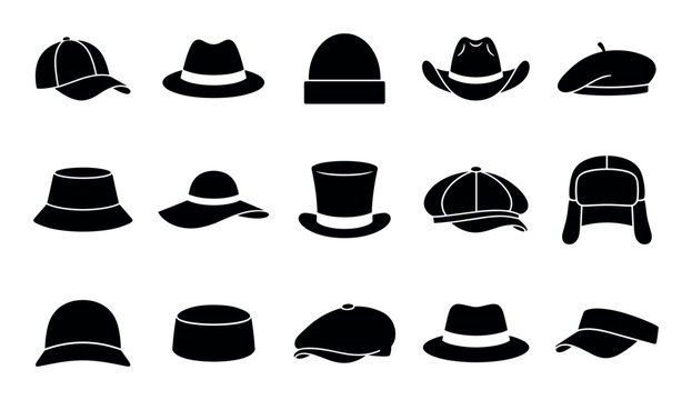 Hat and cap vector icons with baseball cap, fedora and beanie for UI elements design in solid style