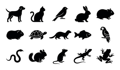 Fototapeta premium Common pets vector icons with dog, cat and bird for web design in solid silhouette style