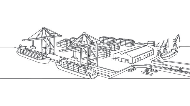 Sleek Black and White Line Drawing of Modern Container Port with Cranes Ships and Cargo Storage Buildings