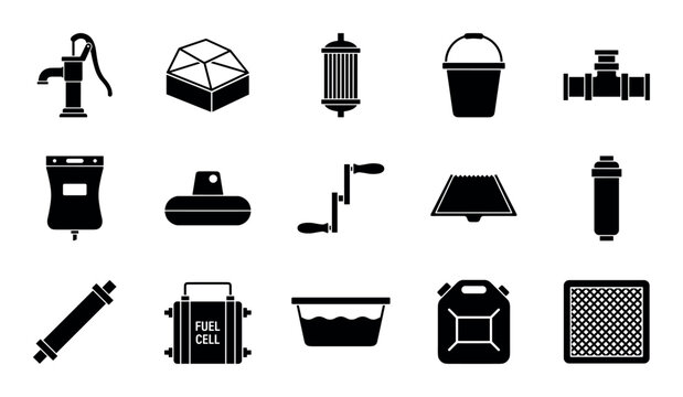 Portable water desalination devices vector icons with hand pumps, solar stills and membrane filters for mobile app design in silhouette style.