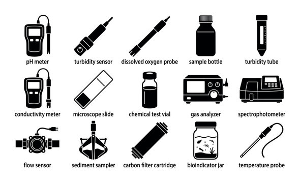 Wastewater testing and monitoring equipment vector icons with pH meters, turbidity sensors and sample bottles for UI design in clean vector art style.