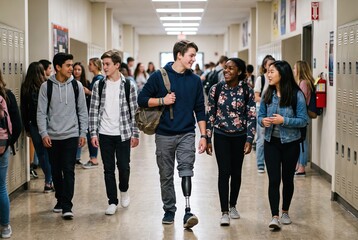 Fototapeta premium A group of teenagers moves down a school hallway. They chat and smile while walking near lockers. It is a typical day at school, filled with energy and youth