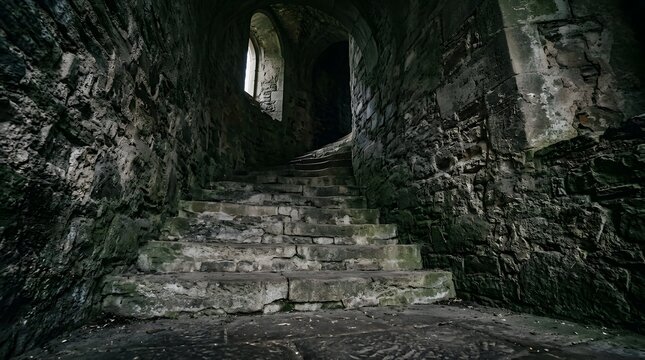 Ancient stone staircase inside a dark weathered castle interior passage
