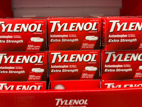 Frisco, Texas, USA - August 31th, 2026: Tylenol Extra Strength caplets arranged on Walmart pharmacy shelf