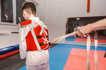 Young karate student wearing protective gear in a dojo © Mrton