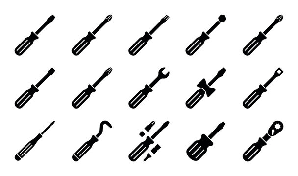 Multitool screwdriver vector icons with flathead screwdriver, Phillips screwdriver and precision screwdriver for web design in silhouette style