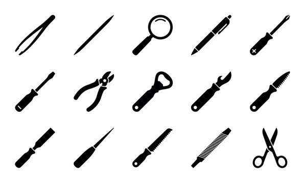 Swiss army knife accessory tools vector icons with tweezers, magnifying glass and flathead screwdriver for web design in glyph style