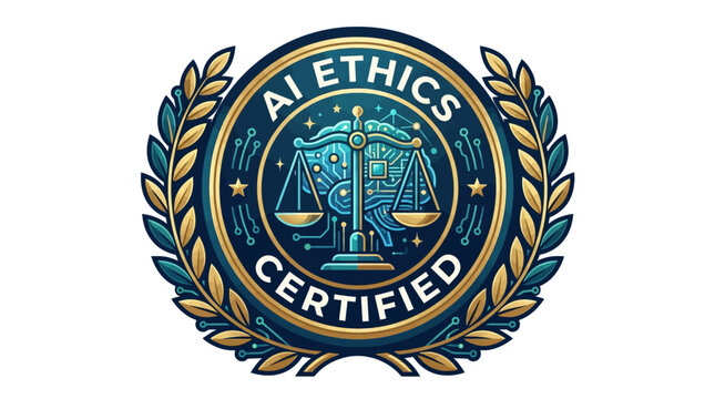 AI Ethics Certified emblem featuring a digital brain and balanced scales inside a golden laurel wreath badge